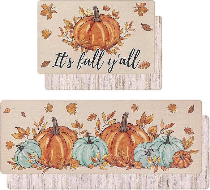 U'Artlines Fall Kitchen Rugs Sets of 2, Anti Fatigue Mats for Kitchen Floor Printed on Both Sides, Non Slip Waterproof Fall Kitchen Mats with Pumpkin Leaves Fall Decor Pattern 17"x28"+17"x47"