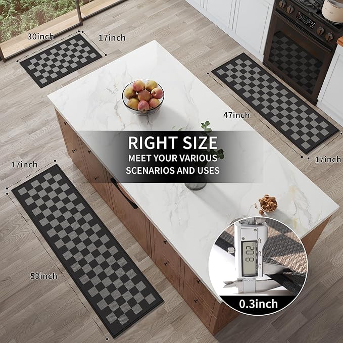 Kitchen Runner Rugs Non Slip Washable, Super Absorbent Kitchen Mats for Floor, Linen-Look Woven Sink Mat Standing Mat, Easy Clean, Black Gray Checkered 17"x59"