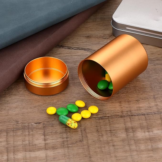 Portable Metal Small Pill Case, Round Aluminium Alloy Pill Holder Pocket Small Pill Box Waterproof Medicine Organizer Bottle Container for Travel Outdoor Vitamin Fish Oils(Gold)