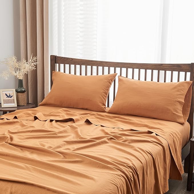 Simple&Opulence Belgian Linen Sheet Set Solid Color - 3 Pieces (1 Flat Sheet, 1 Fitted Sheet & 1 Pillowcase) Natural Flax Cotton Blend Soft Breathable Farmhouse Bedding - Twin Size, Rust