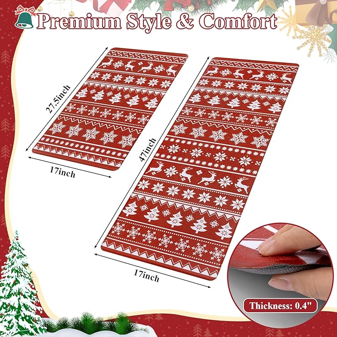SHACOS Christmas Kitchen Rugs Set of 2 Anti-Fatigue Kitchen Mats Cushioned Red Mats White Deer Snowflakes Christmas Trees Boho Style Kitchen Mats and Rugs for Xmas 17x27.5+17x47, Boho Red