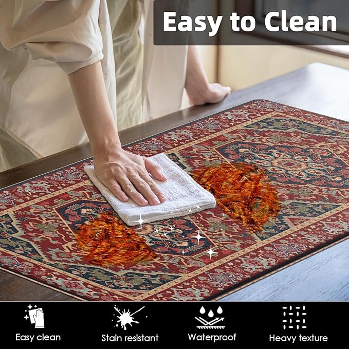 Arttown Boho Anti-Fatigue Kitchen Rug Set of 2 Ethnic Red Cushioned Floor Standing Mat Waterproof Non-Slip Mat and PVC Ergonomic Comfort Foam Rug