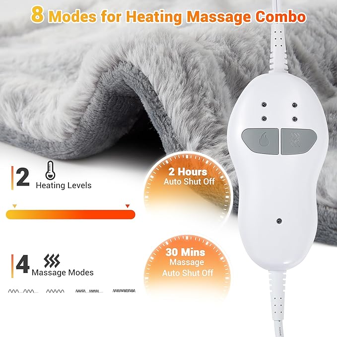 Massaging Heating Pad for Neck and Shoulders and Back, 24" x 35" Large Electric Heating Pad for Back Pain Relief with 3 Heat Levels, 4 Massage Settings, 2H Auto Shut-Off, 2 Massage Motors,Grey