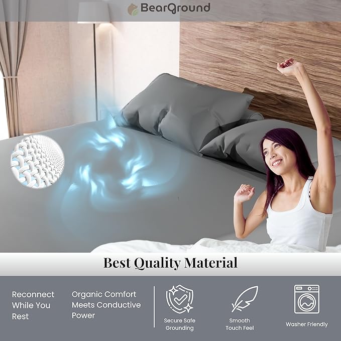 BearGround Grounding Sheets Queen, Deep Pocket 5% Silver Fiber and 95% Organic Cotton, Fitted Earth Grounded Bed Sheets for Improved Sleep (Deep Grey, Queen - 60"x80"x13")
