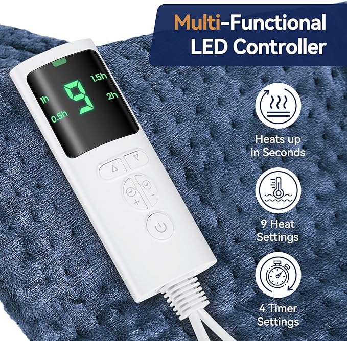Extra Large Heating Pad for Back Pain Relief, 33"x17" Electric Heat Pad for Neck, Shoulders, Cramps, Menstrual Pain, 9 Heat Settings & 4 Auto-Off Timers, Soft Machine Wash Fabric, Gifts for Lover Blue