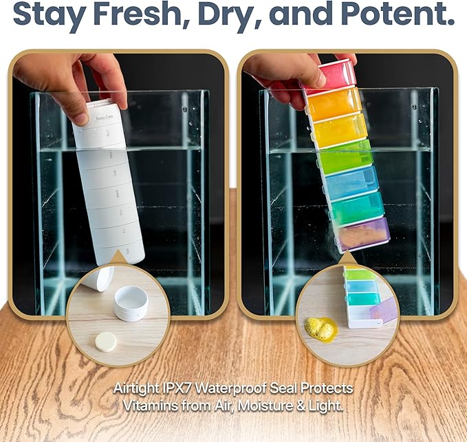 Ankomn 7 Day 2+1 Travel Pill Organizer Combo for Men & Women - IPX7 Rating Waterproof, Airtight & Portable Pill Case for Vitamins - Durable Weekly Supplement Case with Stackable Compartments