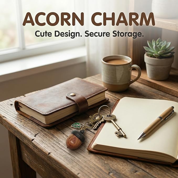 NIIIYTYB Cute Acorn Keychain Container Mini Pill Holder Charm for Bag Small Portable Brown Key Chain Charm Funny Leaf Decor Keychain for Purse and Accessories Small Bag Charms