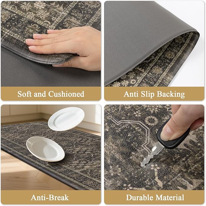 Pauwer Anti Fatigue Kitchen Floor Mats Set of 3, PVC Foam Padded Kitchen Rugs, Non Slip Cushioned Comfort Standing Mat, Waterproof Sink Rug for Small Kitchen Area, Laundry Room, Taupe