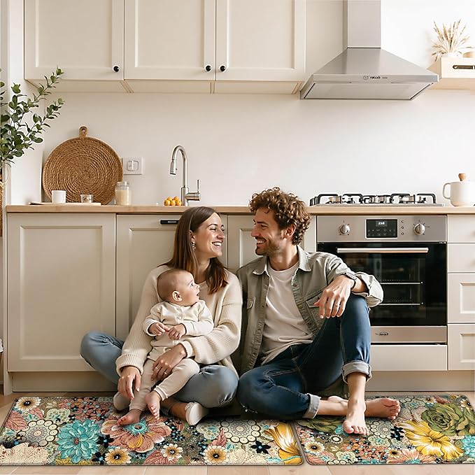 Kitchen Mats for Floor Cushioned Anti Fatigue Sets of 2 Boho Floral Kitchen Rugs Non Slip Waterproof Memory Foam Kitchen Floor Mats Padded Comfort Standing Mat Rug for Sink Laundry Office