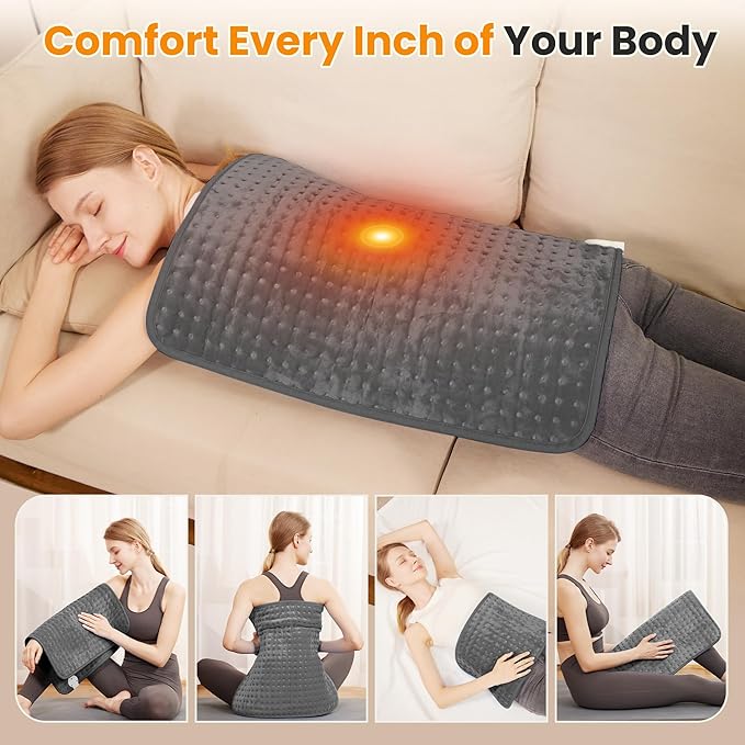 Electric Heating Pad for Back Pain Relief & Cramps - 6 Heat Settings,Auto Shut Off,Moist Heat Options,Portable Heated Pads for Neck/Shoulder Machine Washable Gift for Men Women,Grey,20"x24"