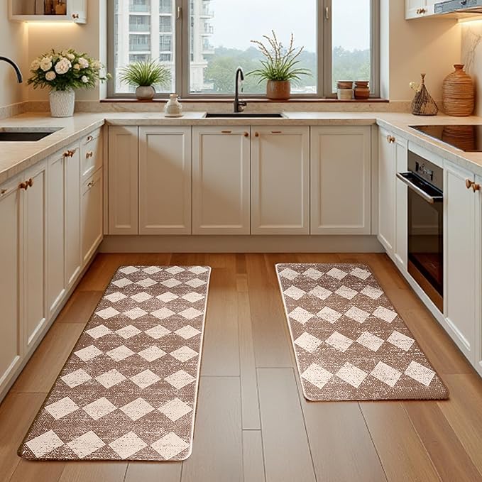 Khaki Beige Moroccan Trellis Checkered Kitchen Rug Sets [2 PCs], Anti-Fatigue, Waterproof Non-Slip Kitchen Mats Heavy Duty Ergonomic Comfort Foam Rug for Floor, Home, Laundry,17"x29"+17"x47"