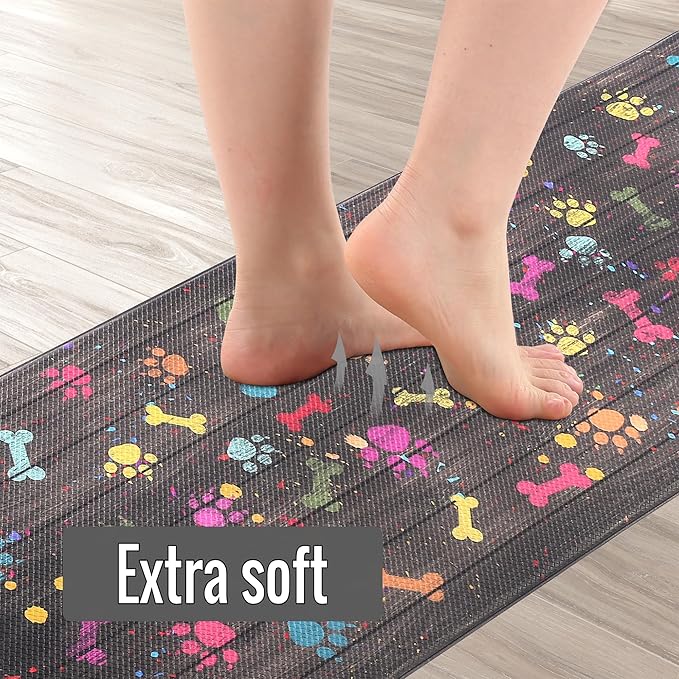 Farmhouse Kitchen Mats Cushioned Anti Fatigue Mats for Kitchen Floor Waterproof Kitchen Mats and Rugs Ergonomic Comfort Standing Mat for Kitchen, Laundry Room, Colorful Dog Paw and Bone(Chocolate)