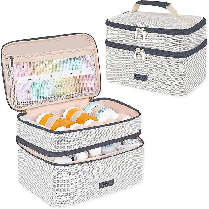 Medicine Bag for Traveling, Dual Layers Medicine Pill Organizer Medication Pill Bottle Storage with Lockable Zipper, Medical Supplies First Aid Kit,Home Storage for Pills, Vitamins(Dark Grey)