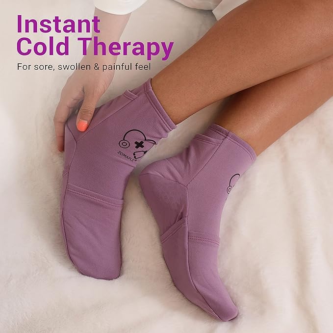 ZOMAPLE Cold Therapy Socks + Gel Packs, Purple, Medium – Soothe Burning Feet & Reduce Swelling – Hot/Cold Use, Touch Fasteners & Comes with 2 Large & 2 Small Gel Packs – Versatile Foot Ice Pack Wrap