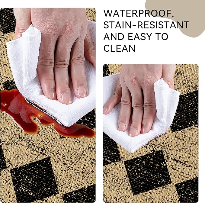 Brown Black Moroccan Trellis Checkered Kitchen Rug Sets [2 PCs], Anti-Fatigue, Waterproof Non-Slip Kitchen Mats Heavy Duty Ergonomic Comfort Foam Rug for Floor, Home, Laundry,17"x29"+17"x47"