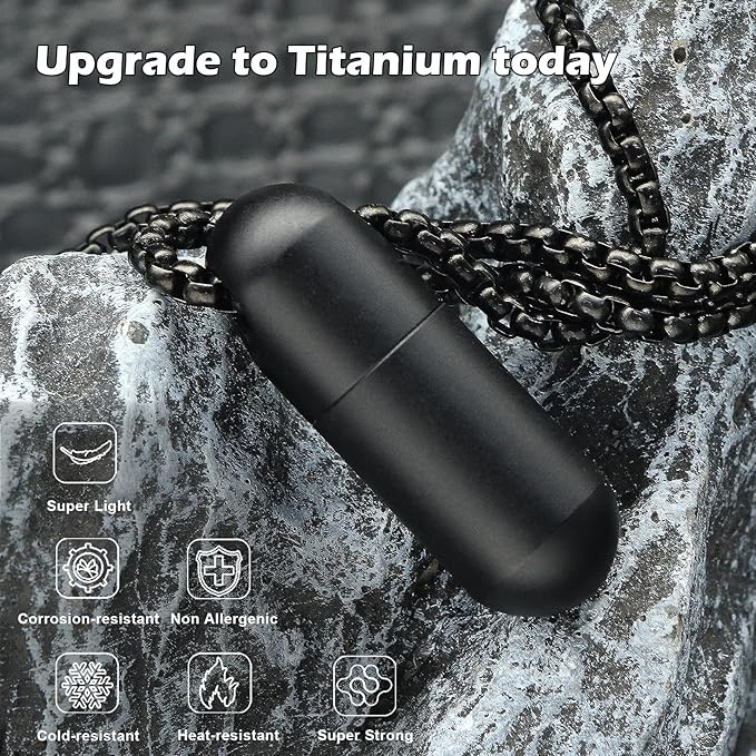 Small Pill Box Necklace Black Titanium Mini Pill Case with Necklace Chain Tiny Pill Case for Men Waterproof Pill Holder Emergency Aspirin & Nitro Pill Container Stocking Stuffers Christmas Gifts