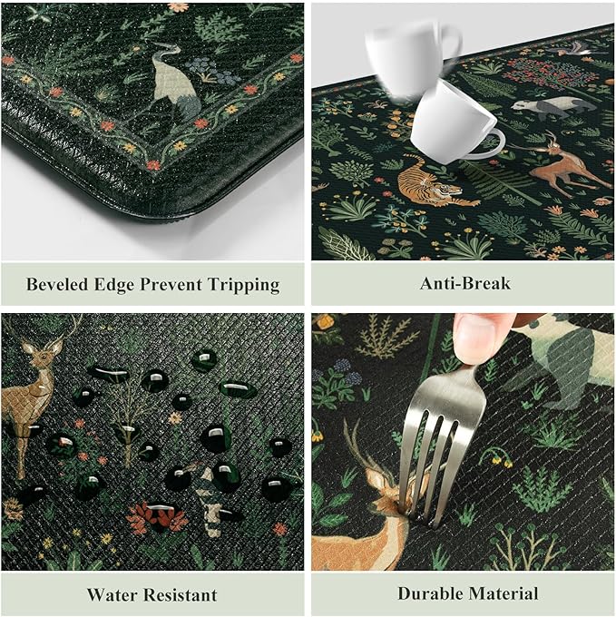 KIMODE Comfort Kitchen Mats for Floor Cushioned Anti Fatigue,Farmhouse Animal Forest Kitchen Rugs Sets of 2 Non Slip,Memory Foam Kitchen Standing Mat Laundry Sink Office Home,Black