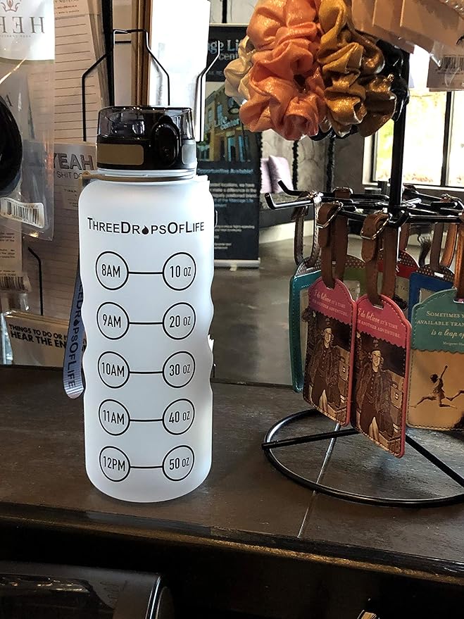 Three Drops of Life 50oz Hydration Tracker Sport Water Bottle – Frosted Clear Tritan With Time Marker, Leak-Resistant, Easy Flow Spout, Comfortable Strap For Daily Hydration
