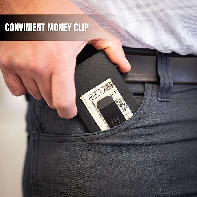 Faraday Wallet - RFID Blocking | Aluminum Credit Card Holder | Slim Minimalist | Locking Button Release | MagSafe Compatible | Money Clip | Genuine Leather