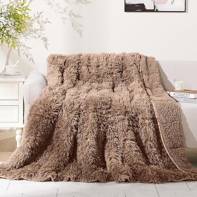 Cottonblue Weighted Blanket 15 lbs for Adults Queen Size, Luxury Sherpa Faux Fur Reversible Plush Weighted Blankets Throw 60x80 in, Snugly Long Fur Warm Heavy Blanket for Couch Sofa Bed, Brown/Khaki