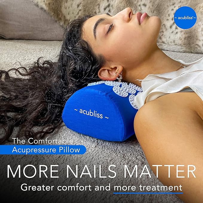 Premium Portable + Comfortable Acupressure Lumbar Cushion Pillow, 2,142 Acupuncture Pressure Points, Neck Pain Relief, Increased Energy, Relaxation, Drawstring Bag, 15x6x4", Blue