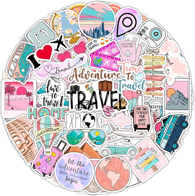 BulbaCraft 100Pcs Cute Travel Stickers for Women, Travel Stickers for Water Bottles, Notebook, Laptop, Luggage Decals for Suitcases, Travel Journal Decals, Gifts for Women & Men