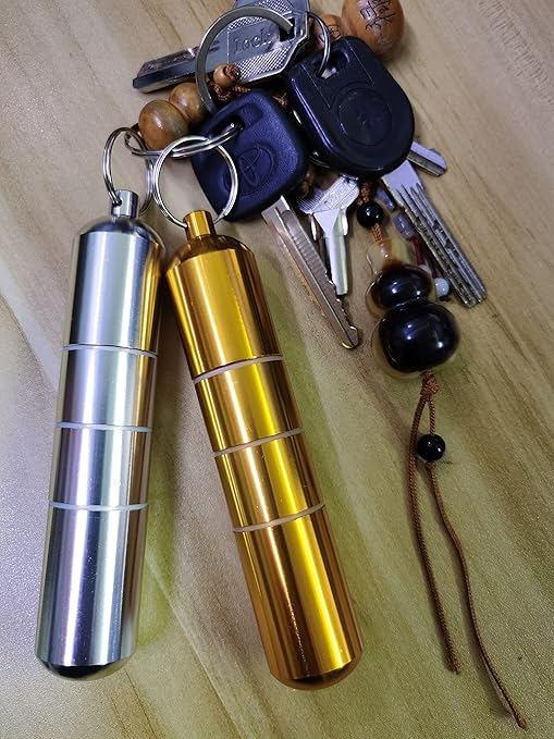 2 Pack Small Pocket Cigarette Case Keychain Portable Mini Aluminum Pill & Cigarette Organizer Container for Outdoor Camping Trips (Silver+Gold)