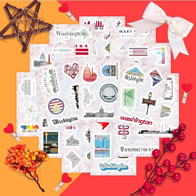 BulbaCraft 100Pcs Washington DC Stickers for Water Bottle and Laptop - Washington DC Party Supplies & Decorations, Waterproof Vinyl Decals, State Pride and Icon Stickers, Gifts for Women & Men