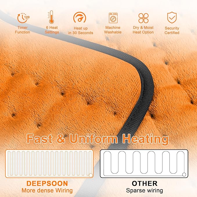 Deepsoon Heating Pad,Electric Heating Pads for Back,Neck,Abdomen,Moist Heating Pad for Shoulder,Knee,Arms,Legs,Dry/Moist Heat & Auto Shut Off,Christmas Gifts for Men and Women,Orange Black,33x17 Inch