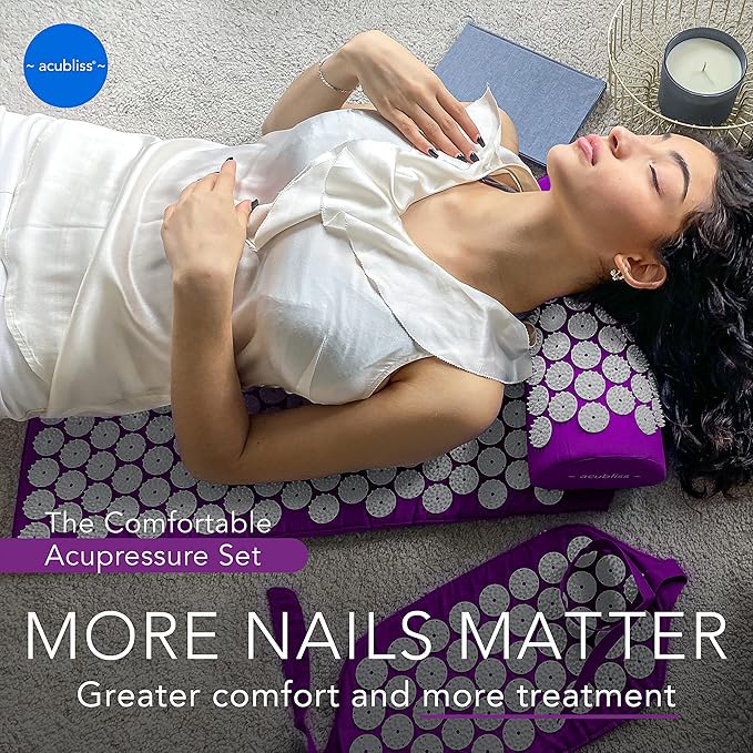 Premium Acupressure Mat, Strap & Pillow 3 Piece Gift Set, 12,348 Acupuncture Pressure Points for Back Pain Relief, Increased Energy, Relaxation, Drawstring Bag, Purple
