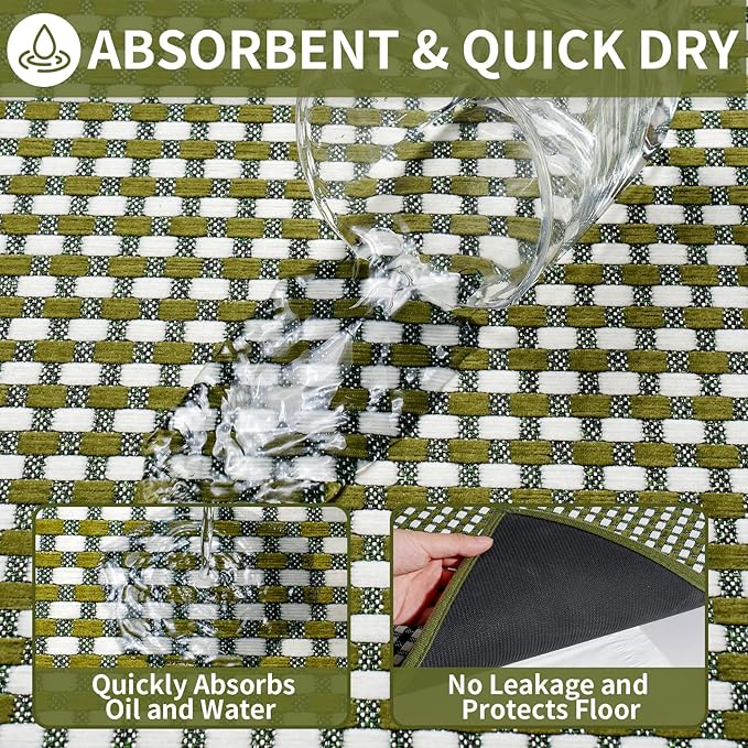 Large Kitchen Runner Rugs Long Kitchen Mat Non Slip Washable, Super Absorbent Soft Chenille Braided Kitchen Mats for Floor, Rubber Backing Kitchen Sink Standing Mat, Easy Clean, Green 36"x71"