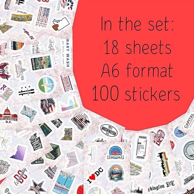BulbaCraft 100Pcs Washington DC Stickers for Water Bottle and Laptop - Washington DC Party Supplies & Decorations, Waterproof Vinyl Decals, State Pride and Icon Stickers, Gifts for Women & Men