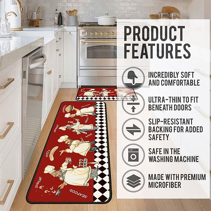 Red Fat Chef Kitchen Rugs 2 Piece Set for Floor Mat, Non Skid Washable Absorbent Microfiber Fat Chef Kitchen Mat for in Front of Sink for Standing for Home Fat Chef Kitchen Decor 17"X30"+17"X47"