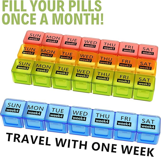 Monthly Pill Organizer 28 Day Pill Box Organizerd, Large 4 Weeks One Month Pill Cases with Dust-Proof Container for Pills, Vitamin, Fish Oil, Supplements (Rainbow)