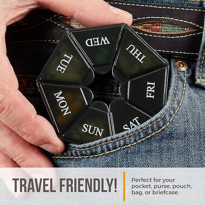 Weekly Pill Organizer - (Pack of 4) 7-Day Pill Container - Arthritis Friendly Portable & Compact Travel Case Daily Compartment Medicine Pills Box for Supplements, Medication, Vitamins and Fish Oils