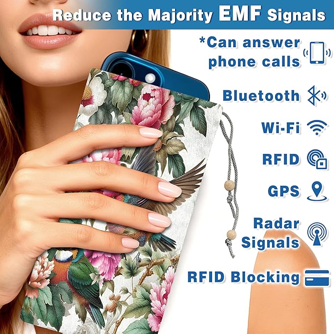 EMF Shield Sleeve for Cell Phone Reduce Signal Anti-EMP Pouch Against Radiation, EMF, 5G, RFID Blocking 4x8 Inch Pink Bird Phone Sleeve Bags