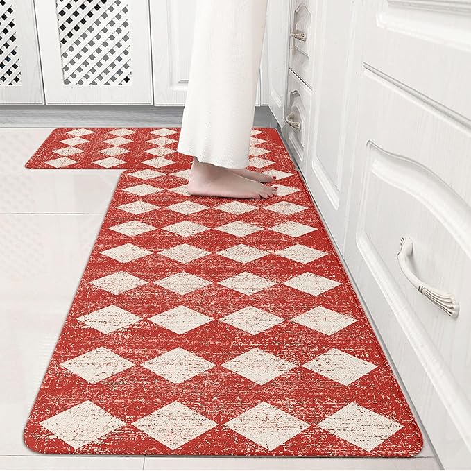 Moroccan Trellis Red Checkered Kitchen Rug Sets [2 PCs], Anti-Fatigue, Waterproof Non-Slip Kitchen Mats Heavy Duty Ergonomic Comfort Foam Rug for Floor, Home, Laundry,17"x29"+17"x47"