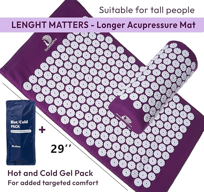 Acupressure Mat & Pillow Set – Extra-Long 29” Acupressure Therapy for Back & Neck Pain Relief, Sciatica, Stress Relief & Sleep Support – Includes Carry Bag & Hot/Cold Pack (Purple)