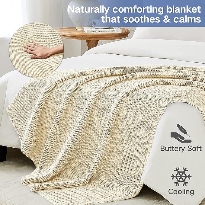Guohaoi Knitted Weighted Blanket for Adults (Cream 48"x72" 10lbs) No Beads Cooling Throw Blanket for Hot Sleepers, Home Decor Breathable Chunky Knit Heavy Blanket Use on Full Size Bed