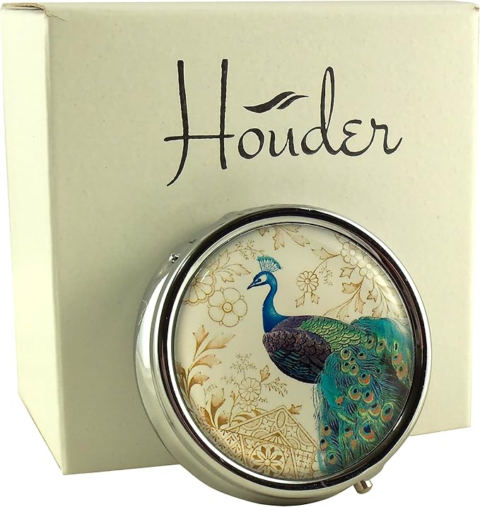 Designer Pill Box by Houder - Decorative Pill Case with Gift Box - Carry Your Meds in Style (Peacock)
