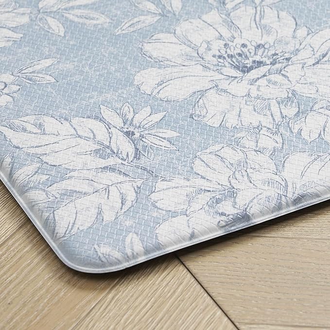 Laura Ashley - Anti-Fatigue Kitchen Mat, Iris Floral Design, Stain, Water & Fade Resistant, Cooking & Standing Relief, Non-Slip Backing, 2 Piece Set: 17.5" x 60" / 17.5" x 28" Light Blue Iris