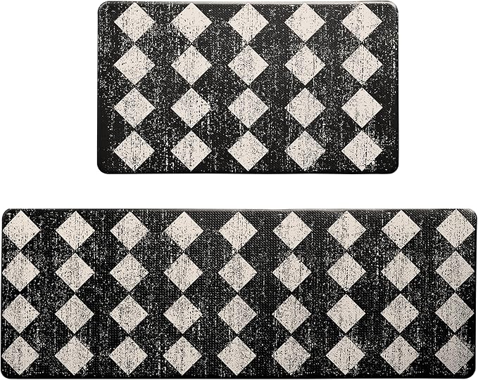 Black Beige Moroccan Trellis Checkered Kitchen Rug Sets [2 PCs], Anti-Fatigue, Waterproof Non-Slip Kitchen Mats Heavy Duty Ergonomic Comfort Foam Rug for Floor, Home, Laundry,17"x29"+17"x47"