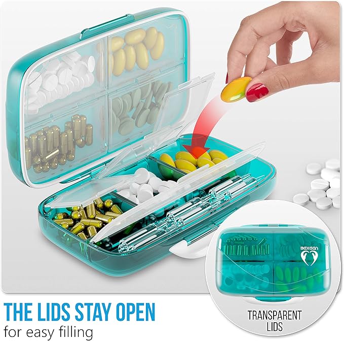 Pill Organizer Airtight Pill Box Large Pill Dispenser Home Travel Supplement Holder Portable Vitamin Sorter Jumbo Size 8 Compartment Airtight Vitamin Container Daily Medicine Travel Essentials