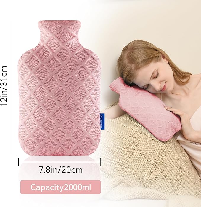 Hot Water Bottle with Soft Cover, 2L Hot Water Bag, Hot and Cold Therapies for Sore Muscles, Menstrual Cramps, Neck and Shoulder Pain Relief, Great Gifts for Women, Childs, Pink