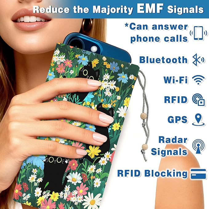 EMF Shield Sleeve for Cell Phone Reduce Signal Anti-EMP Pouch Against Radiation, EMF, 5G, RFID Blocking 4x8 Inch Black Cat Floral Phone Sleeve Bags