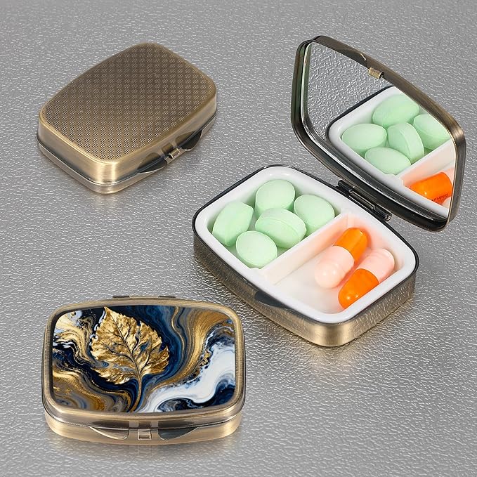 Dynippy Pill Case Pill Box with Mirror Retro Pocket 2 Compartment Medicine Case Vitamin Pill Organizer for Pocket Purse and Travel (A-Marbled Gold Leaf)