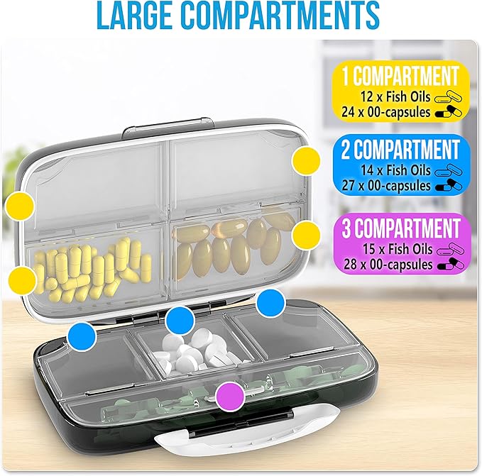 Pill Organizer Airtight Pill Box Large Pill Dispenser Home Travel Supplement Holder Portable Vitamin Sorter Jumbo Size 8 Compartment Airtight Vitamin Container Daily Medicine Travel Essentials