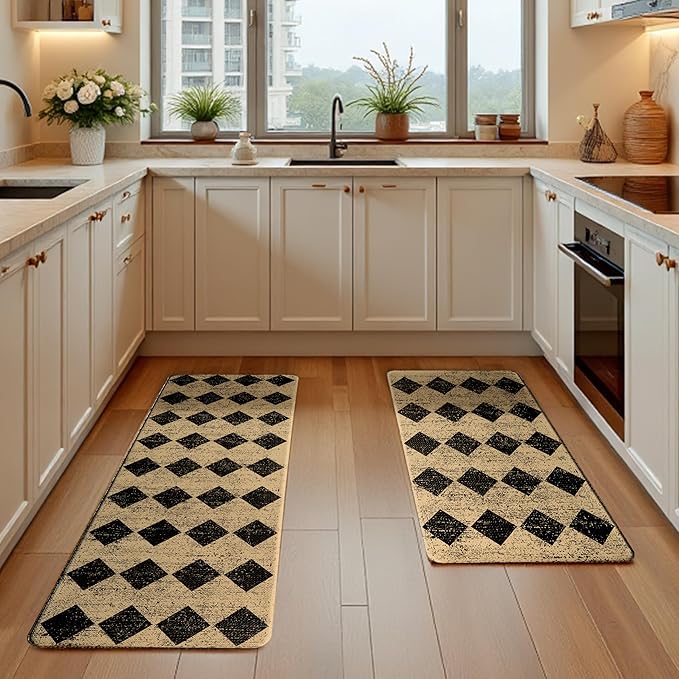 Brown Black Moroccan Trellis Checkered Kitchen Rug Sets [2 PCs], Anti-Fatigue, Waterproof Non-Slip Kitchen Mats Heavy Duty Ergonomic Comfort Foam Rug for Floor, Home, Laundry,17"x29"+17"x47"