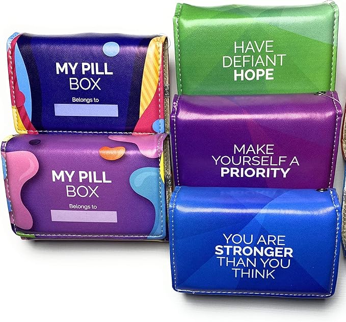 Weekly Pill Box Organizer, 8 Compartments, Portable Travel Pill Case, Folding Cover to Hold Medication, Supplements - Inspirational Blue