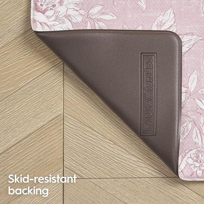 Laura Ashley - Anti-Fatigue Kitchen Mat, Iris Floral Design, Stain, Water & Fade Resistant, Cooking & Standing Relief, Non-Slip Backing, 2 Piece Set: 17.5" x 60" / 17.5" x 28" Soft Pink Iris